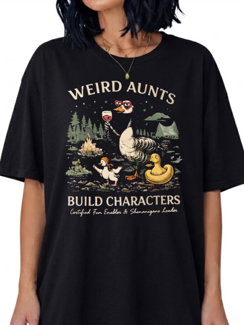 Weird Aunts Build Characters Camping Wine Goose Duck Vintage Black T-Shirt